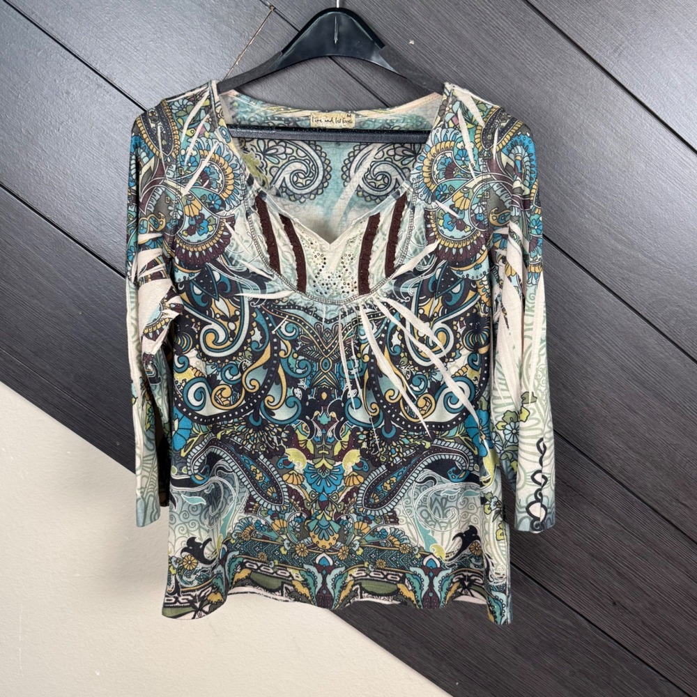 One World Women's Medium Tattoo Print Top 3/4 Sleeve Lace Rhinestone Boho Y2K